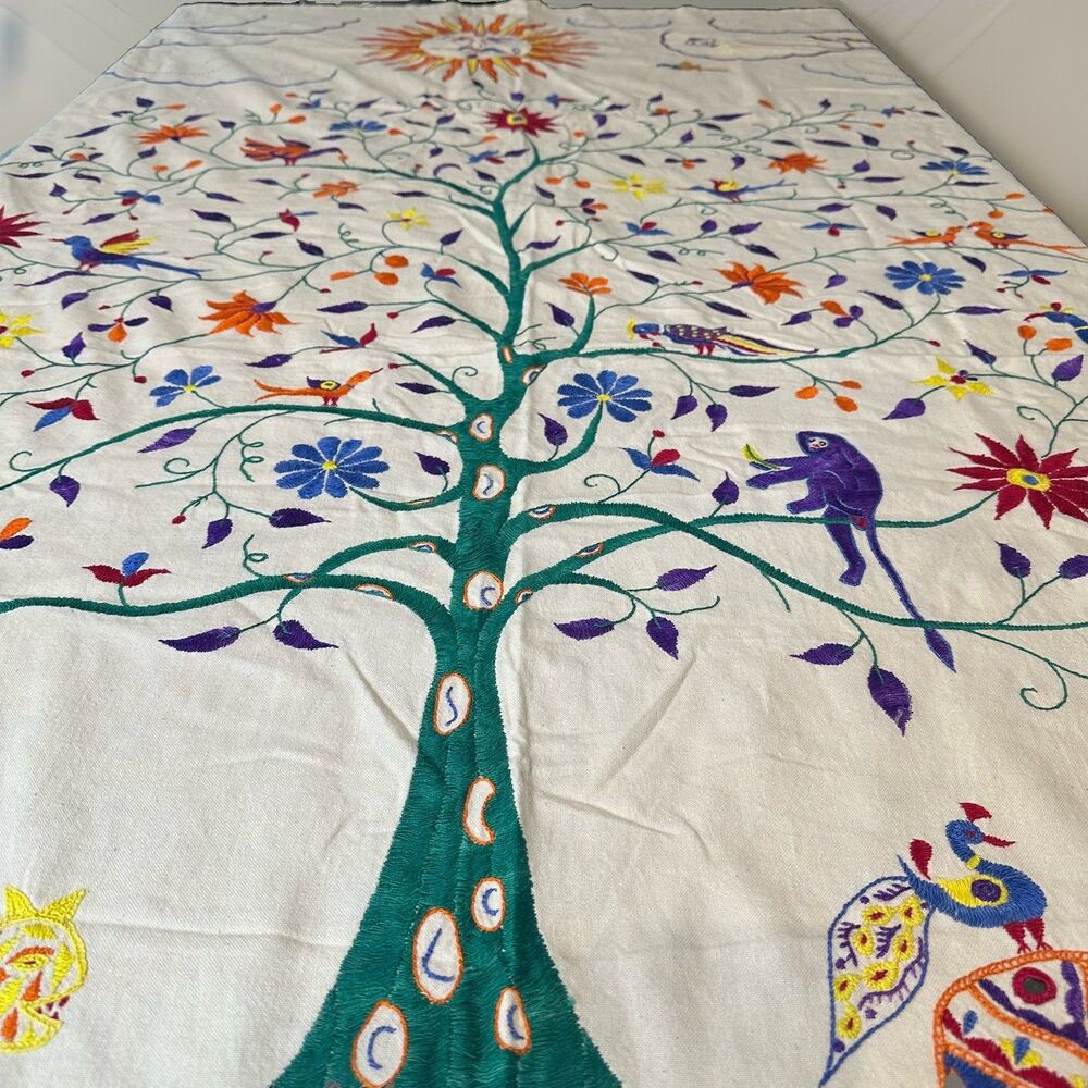 10000 Villages Tree Of Life Embroidered Tablecloth New w Tags 57 x 82 Inch